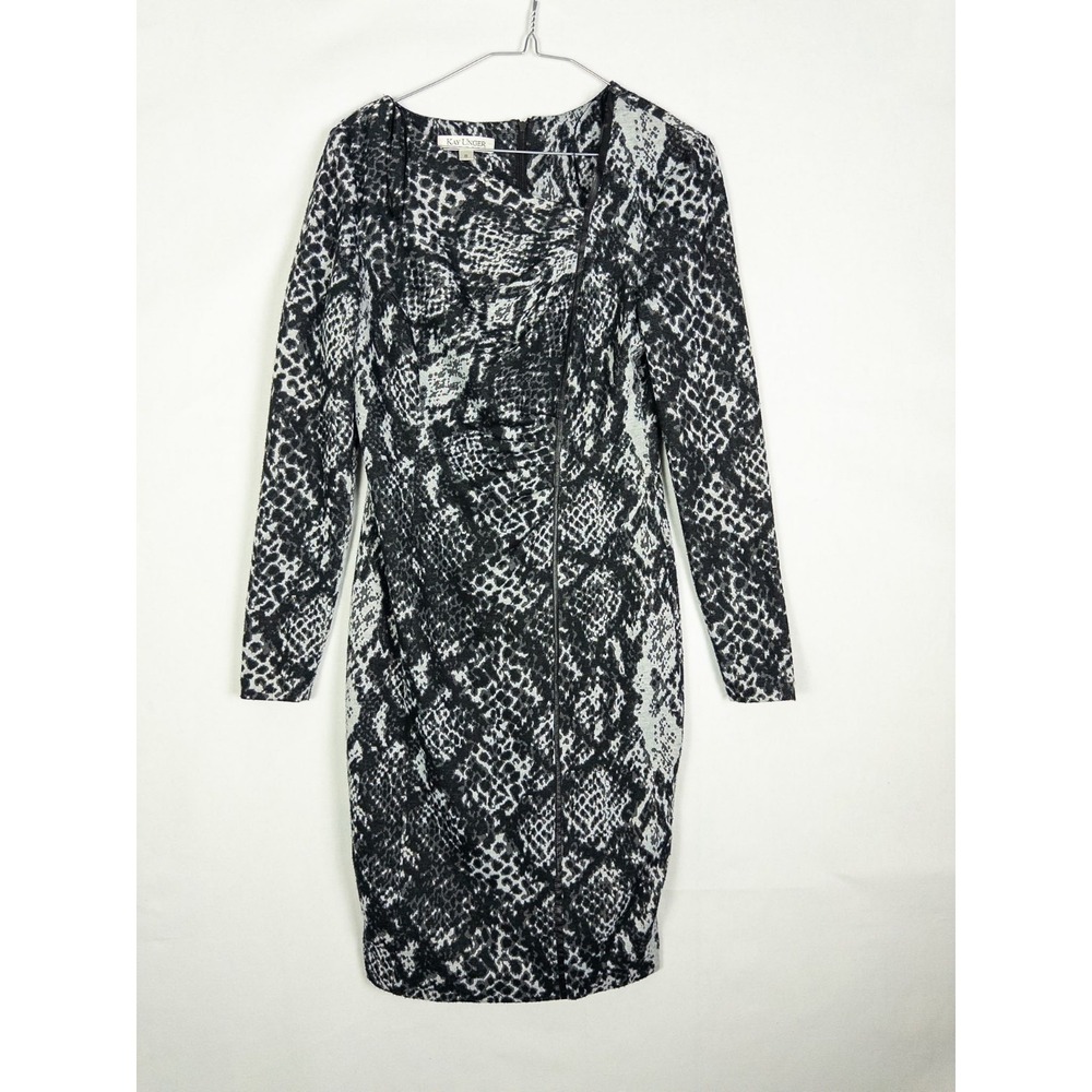 Kay Unger Womens 8 Black Gray Snakeskin Print Long Sleeve Ruched Sheath Dress